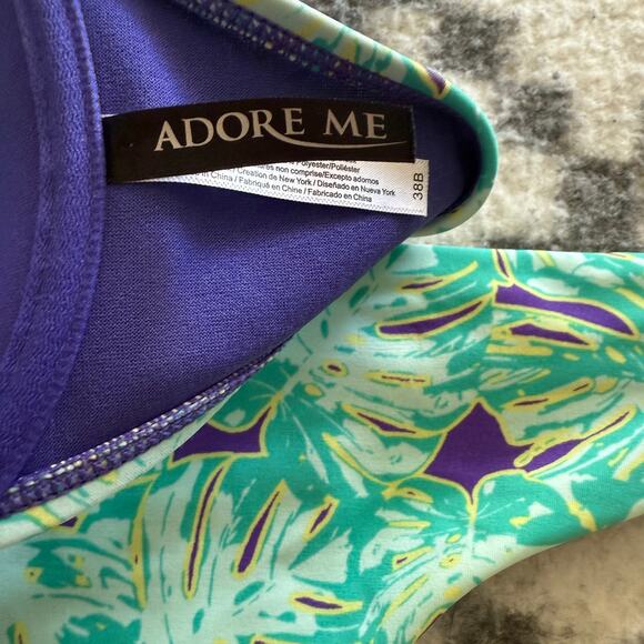 Adore Me Bikini Set 38B Top XL Bottom Palm Leaf‎ Print Purple Green Underwire - Picture 2 of 3